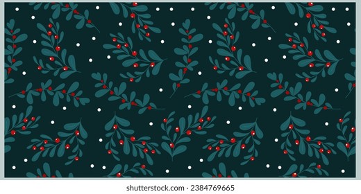 Elegante patrón impecable con hojas verdes oscuras de la planta de invierno y bayas rojas. Diseño vectorial dibujado a mano.