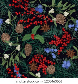 Elegant seamless pattern with winter seasonal plants, coniferous tree branches and cones, berries and leaves on black background. Christmas vector illustration in antique style for textile print.