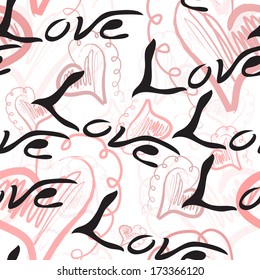 elegant seamless pattern with word Love and decorative hearts, design element