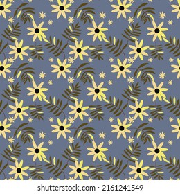 Elegantes, nahtloses Muster mit gelben Blumen auf blauem Hintergrund