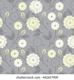Elegant seamless pattern with yellow and ivory flowers and leaves on grey background can be used for linen, napkin designs, textile, wallpaper and more creative designs.