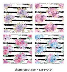 Elegant seamless patterns with decorative flowers in watercolor style, design elements. Floral patterns for wedding invitations, greeting cards, scrapbooking, print, gift wrap, manufacturing.Editable