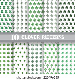 Elegant seamless patterns with decorative lucky clovers, design elements. Floral patterns for wedding invitations, greeting cards, scrapbooking, print, gift wrap, manufacturing. St Patrick's day theme