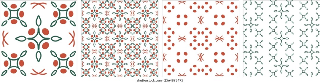 Elegant seamless patterns featuring floral motifs in green and coral tones, perfect for textile design, digital wallpapers, or decorative stationery projects.