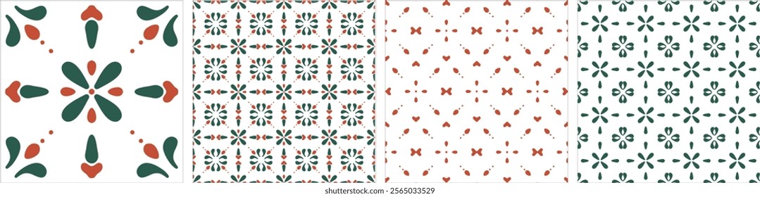 Elegant seamless patterns featuring floral motifs in green and coral tones, perfect for textile design, digital wallpapers, or decorative stationery projects.