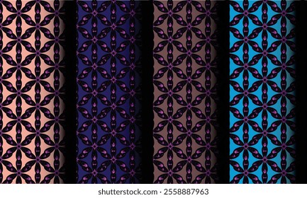 Elegant seamless patterns featuring geometric floral designs in black and purple on colorful backgrounds. Ideal for fabrics, wallpapers, and designs
