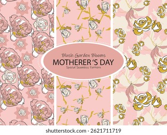 Elegant seamless patterns featuring soft pink peonies, roses, and eucalyptus on pastel backdrops