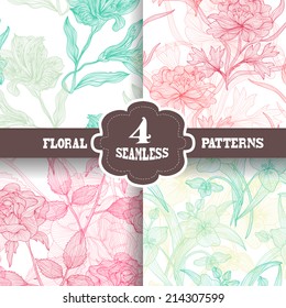 Elegant seamless patterns with hand drawn decorative flowers, design elements. Floral pattern for wedding invitations, greeting cards, scrapbooking, print, gift wrap, manufacturing.