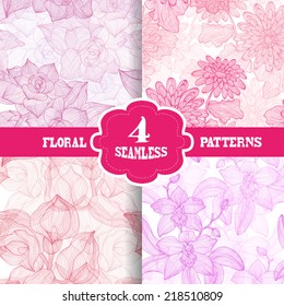 Elegant seamless patterns with hand drawn decorative flowers, design elements. Floral pattern for wedding invitations, greeting cards, scrapbooking, print, gift wrap, manufacturing.