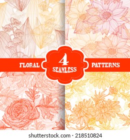 Elegant seamless patterns with hand drawn decorative flowers, design elements. Floral pattern for wedding invitations, greeting cards, scrapbooking, print, gift wrap, manufacturing.
