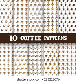 Elegant seamless patterns with hand drawn decorative coffee cups, design elements. Coffee pattern for invitations, greeting cards, scrapbooking, print, gift wrap, manufacturing.