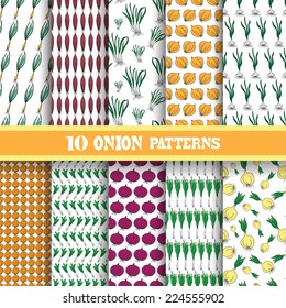 Elegant seamless patterns with hand drawn decorative onions, design elements. Can be used for food invitations, greeting cards, scrapbooking, print, gift wrap. Culinary, kitchen, vegetable theme
