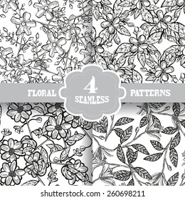 Elegant seamless patterns with hand drawn decorative flowers, design elements. Floral pattern for wedding invitations, greeting cards, scrapbooking, print, gift wrap, manufacturing.