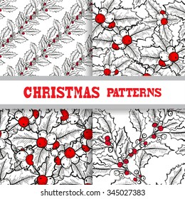 Elegant seamless patterns with hand drawn decorative holly berries, design elements. Can be used for winter holiday invitations, greeting cards, scrapbooking, print, gift wrap, manufacturing