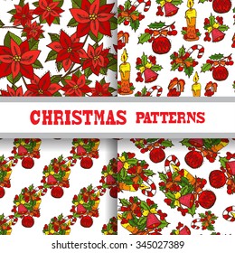 Elegant seamless patterns with hand drawn christmas decorations, design elements. Can be used for winter holiday invitations, greeting cards, scrapbooking, print, gift wrap, manufacturing