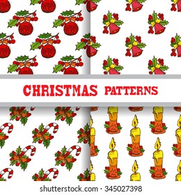 Elegant seamless patterns with hand drawn christmas decorations, design elements. Can be used for winter holiday invitations, greeting cards, scrapbooking, print, gift wrap, manufacturing