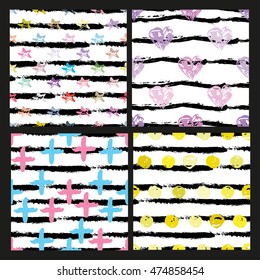 Elegant seamless patterns with hand drawn stars, hearts, crosses, dots, design elements. Can be used for invitations, greeting cards, scrapbooking, print, gift wrap, manufacturing. Stripe background