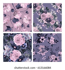 Elegant seamless patterns with hand drawn decorative flowers, design elements. Floral patterns for wedding invitations, greeting cards, scrapbooking, print, gift wrap, manufacturing. Editable