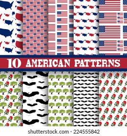 Elegant seamless patterns with principal symbols of United States Of America, flag and map, design elements. Can be used for invitations, greeting cards, scrapbooking, print, gift wrap.