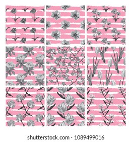 Elegant seamless patterns set with flowers, design elements. Floral  patterns for invitations, cards, print, gift wrap, manufacturing, textile, fabric, wallpapers