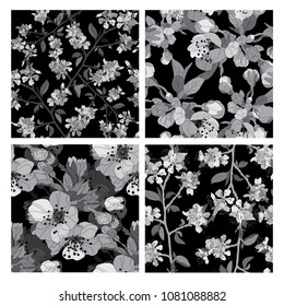 Elegant seamless patterns set with hand drawn decorative cherry blossom flowers, design elements. Floral pattern for wedding invitations, greeting cards, scrapbooking, print, gift wrap, manufacturing.