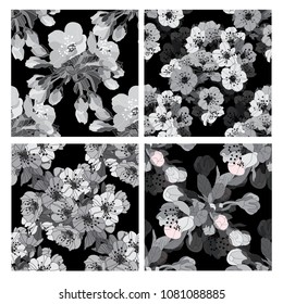 Elegant seamless patterns set with hand drawn decorative cherry blossom flowers, design elements. Floral pattern for wedding invitations, greeting cards, scrapbooking, print, gift wrap, manufacturing.