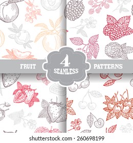 Elegant seamless patterns set with hand drawn decorative fruits, design elements. Can be used for invitations, greeting cards, scrapbooking, print, gift wrap, manufacturing. Food background
