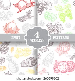 Elegant seamless patterns set with hand drawn decorative fruits, design elements. Can be used for invitations, greeting cards, scrapbooking, print, gift wrap, manufacturing. Food background