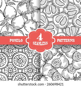 Elegant seamless patterns set with hand drawn decorative pomelo fruits, design elements. Can be used for invitations, greeting cards, scrapbooking, print, gift wrap, manufacturing. Food background
