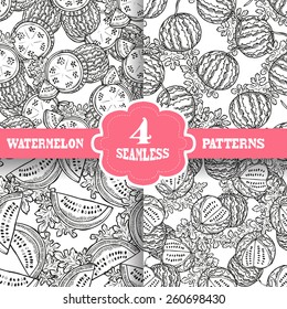 Elegant seamless patterns set with hand drawn decorative watermelons, design elements. Can be used for invitations, greeting cards, scrapbooking, print, gift wrap, manufacturing. Food background