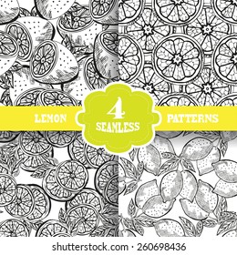 Elegant seamless patterns set with hand drawn decorative lemon fruits, design elements. Can be used for invitations, greeting cards, scrapbooking, print, gift wrap, manufacturing. Food background