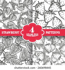 Elegant seamless patterns set with hand drawn decorative strawberries, design elements. Can be used for invitations, greeting cards, scrapbooking, print, gift wrap, manufacturing. Food background