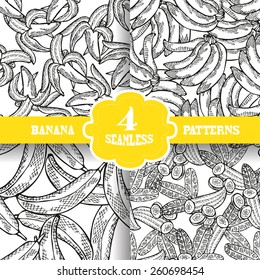 Elegant seamless patterns set with hand drawn decorative banana fruits, design elements. Can be used for invitations, greeting cards, scrapbooking, print, gift wrap, manufacturing. Food background