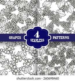 Elegant seamless patterns set with hand drawn decorative grapes, design elements. Can be used for invitations, greeting cards, scrapbooking, print, gift wrap, manufacturing. Food background