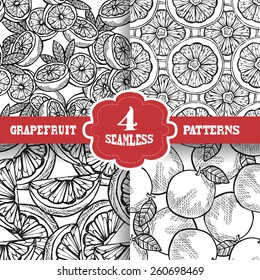 Elegant seamless patterns set with hand drawn decorative grapefruits, design elements. Can be used for invitations, greeting cards, scrapbooking, print, gift wrap, manufacturing. Food background