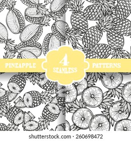 Elegant seamless patterns set with hand drawn decorative pineapples, design elements. Can be used for invitations, greeting cards, scrapbooking, print, gift wrap, manufacturing. Food background