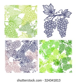 Elegant seamless patterns set with hand drawn decorative grapes, design elements. Can be used for invitations, greeting cards, scrapbooking, print, gift wrap, manufacturing. Food background