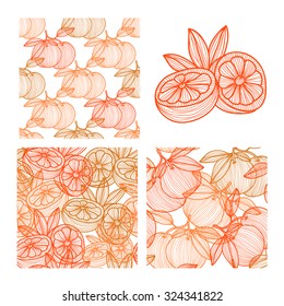 Elegant seamless patterns set with hand drawn decorative grapefruits, design elements. Can be used for invitations, greeting cards, scrapbooking, print, gift wrap, manufacturing. Food background