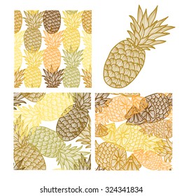Elegant seamless patterns set with hand drawn decorative pineapples, design elements. Can be used for invitations, greeting cards, scrapbooking, print, gift wrap, manufacturing. Food background