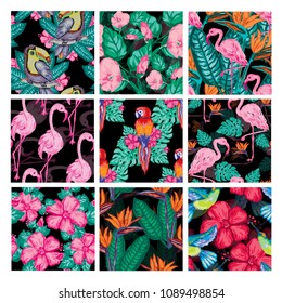 Elegant seamless patterns set with hibiscus, parrots, toucans and flamingo birds, design elements. Floral tropical patterns for  cards, print, gift wrap, manufacturing, textile, fabric, wallpapers