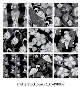 Elegant seamless patterns set with hibiscus, parrots, toucans and flamingo birds, design elements. Floral tropical patterns for  cards, print, gift wrap, manufacturing, textile, fabric, wallpapers