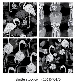 Elegant seamless patterns set with parrots and flamingo birds, design elements. Floral tropical patterns for invitations, cards, print, gift wrap, manufacturing, textile, fabric, wallpapers
