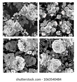 Elegant seamless patterns set with roses, verbena and poppy flowers, design elements. Floral  patterns for invitations, cards, print, gift wrap, manufacturing, textile, fabric, wallpapers