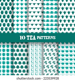 Elegant seamless patterns with tea ceremony components, design elements. Can be used for invitations, greeting cards, scrapbooking, print, gift wrap, manufacturing. Tea theme