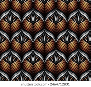 Elegant seamless peacock feather geometric pattern in gold and silver, Perfect for luxurious fabric, wallpapers, and decorative backgrounds