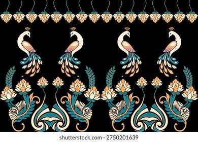 Elegant seamless peacock ornamental pattern with colorful feathers and vintage floral motifs on black background, inspired by art deco and baroque style, perfect for luxury textiles, wallpaper, prints, and decorative backgrounds.