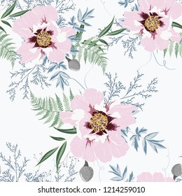Elegant seamless peony pattern on white background.  Seamless pattern with delicate flowers. 