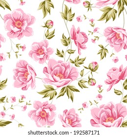 Elegant seamless peony pattern on white background. Vector illustration.
