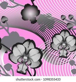 Elegant seamless pink floral pattern with grey vector orchids. Can be used as creating fantasy background, textile, wallpaper, wrapping paper, fabrics. Vector illustration.
