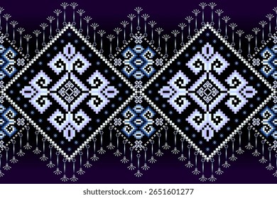 An elegant seamless pixel art pattern,ethnic geometric diamond motifs in shades of indigo blue ,crisp white on a deep purple background,decorative border elements,textile accents,sophisticated apparel